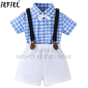 Boys Short Sleeve Shirt With Suspender Shorts Bow Tie Ages 6-12m
