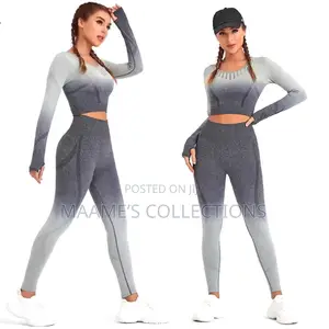 Ombre Women Yoga Set Seamless Leggings And Long Sleeve Crop Top