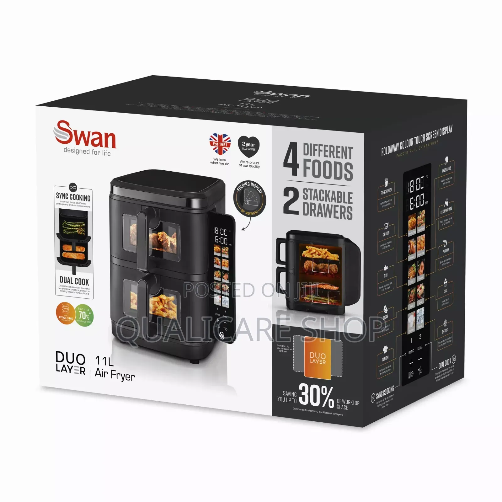 Swan 11l Duo Layer; 2 Stackable Drawer Air Fryer