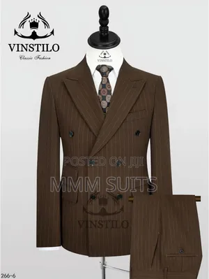 Simple and Elegant Vinstillo Double-Breasted Striped Men's Suit Brown