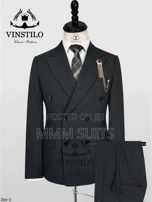 Classic and Simple Vinstillo Double-Breasted Striped Men's Suit Grey