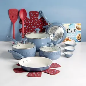 Tasty Clean Ceramic 16pcs Non-Stick Aluminium Cookware Set, Slate Blue