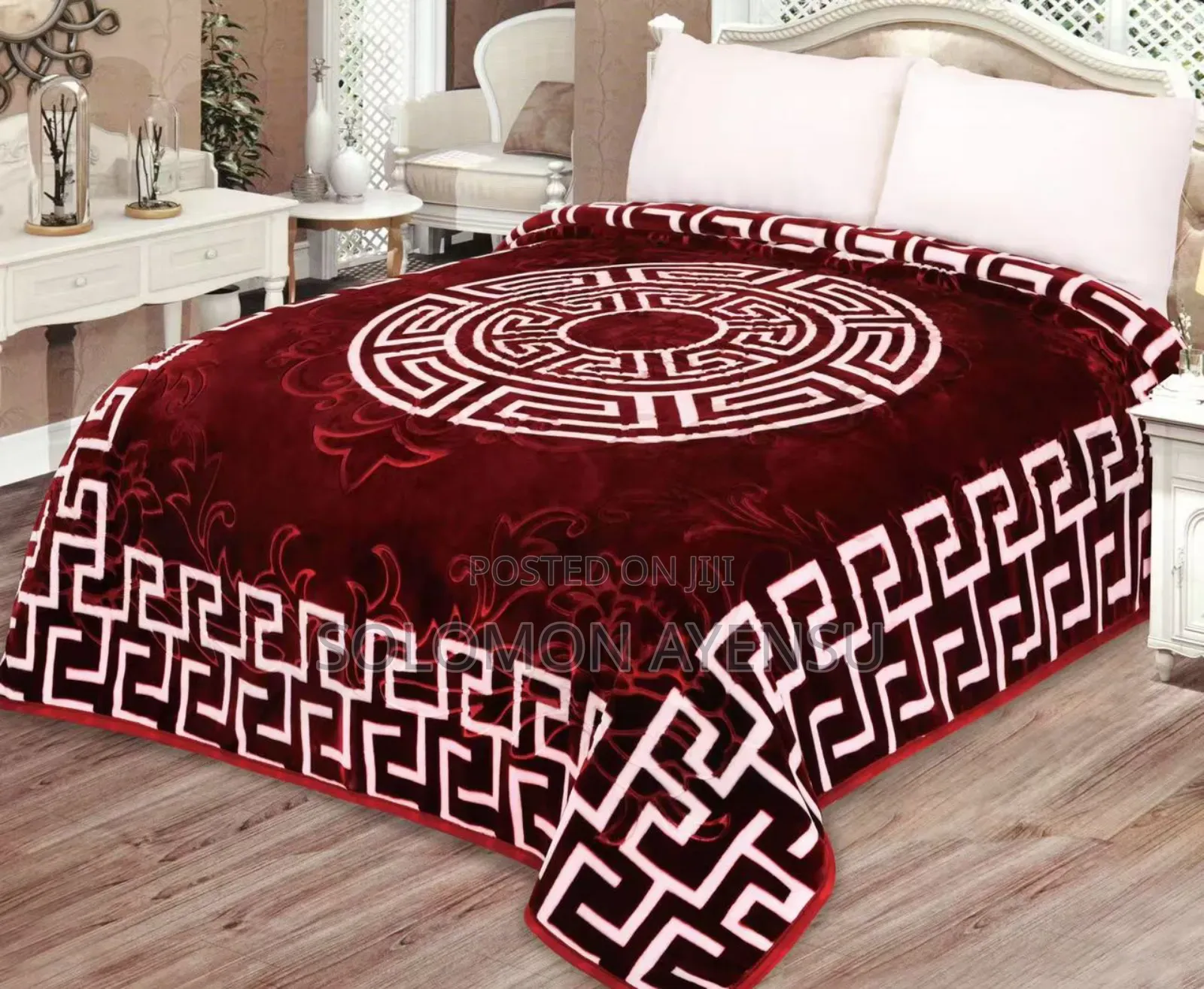 Quality Korean Mink Blanket With a Blue and White Greek Key Pattern.