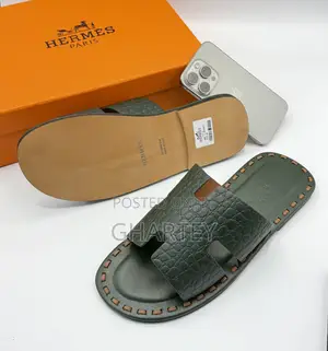 Premium Dark Green Croc-Embossed “H” Slide Sandals