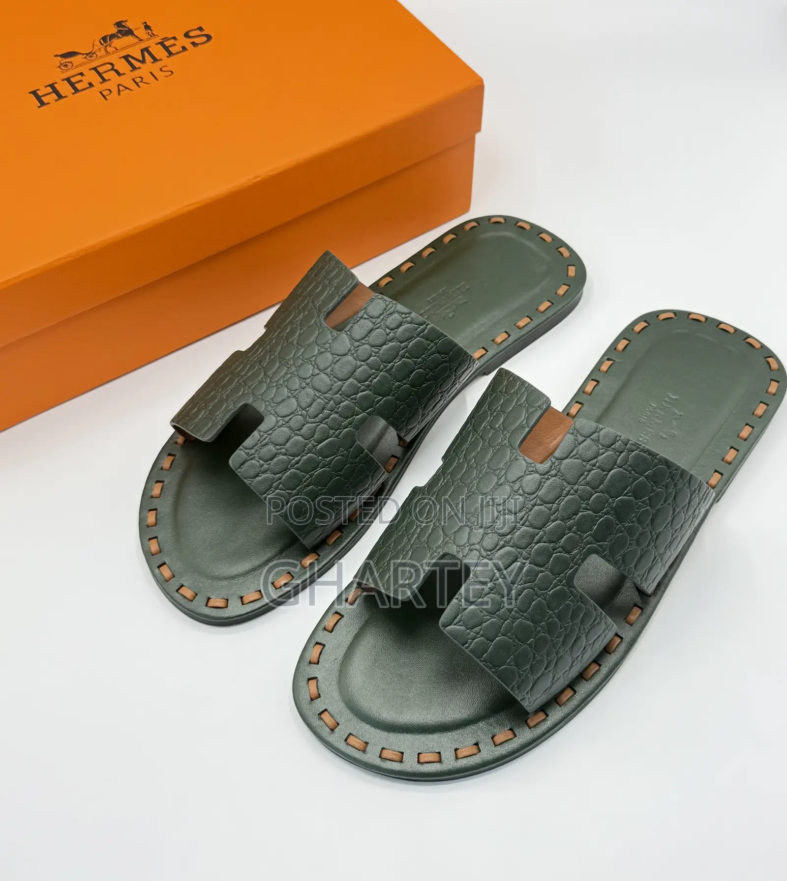 Premium Dark Green Croc-Embossed “H” Slide Sandals