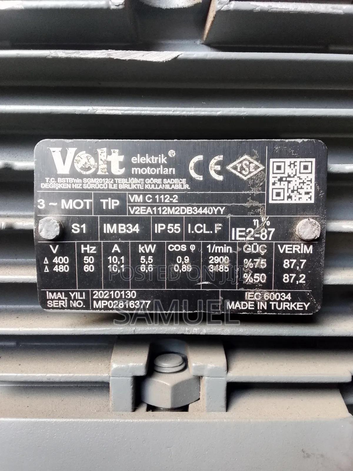 Electric Motor 5.5kv , 3000 RPM , 3 Phase Motor