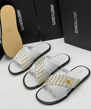 Aristocrat Luxe Studded Cross-Strap Slippers – Black, White Gold