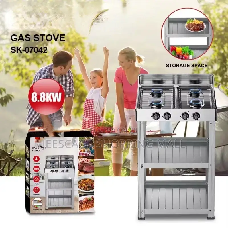 Starlux 4-Burner Gas Stove With a Two-Tier Shelf for Storage.