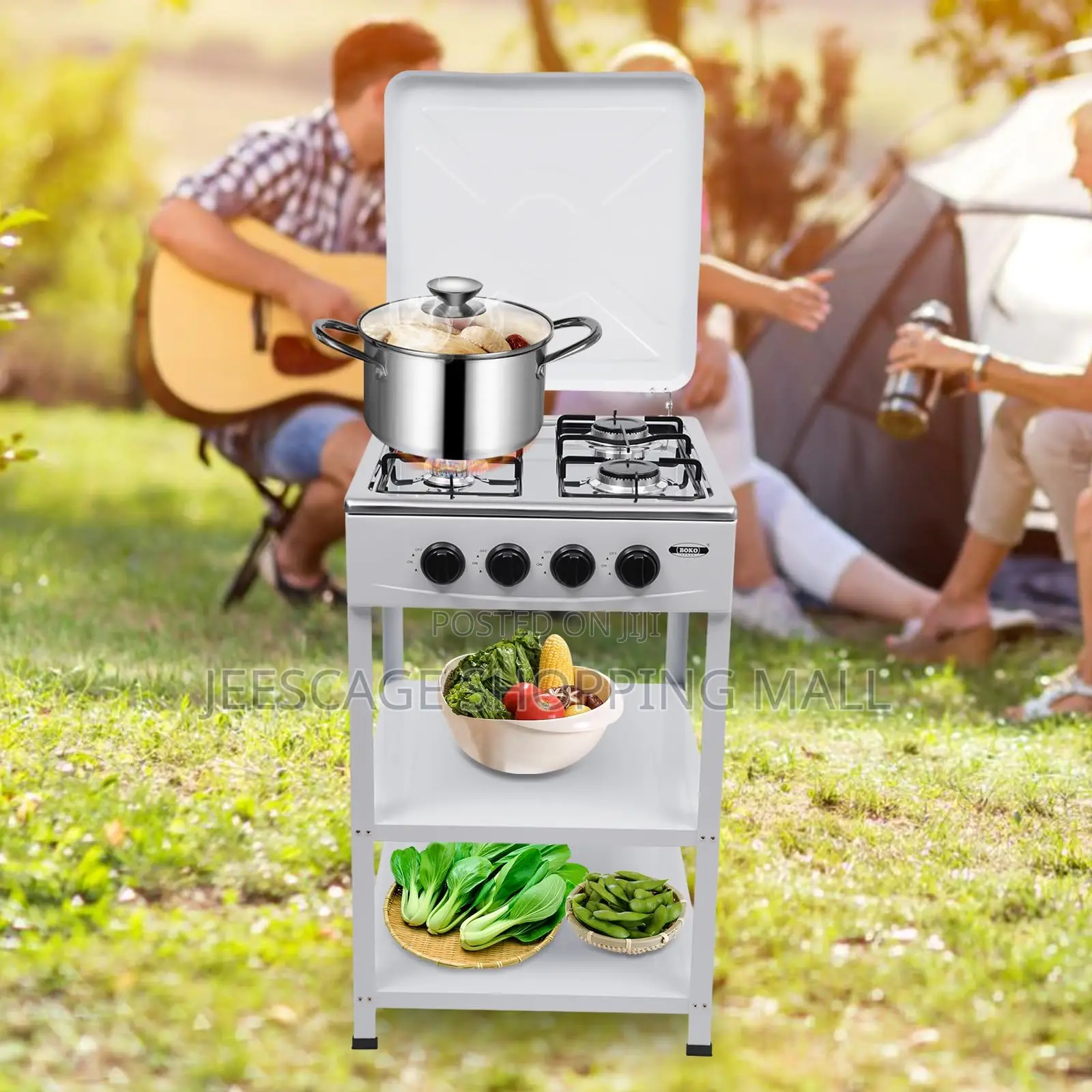 Starlux 4-Burner Gas Stove With a Two-Tier Shelf for Storage.
