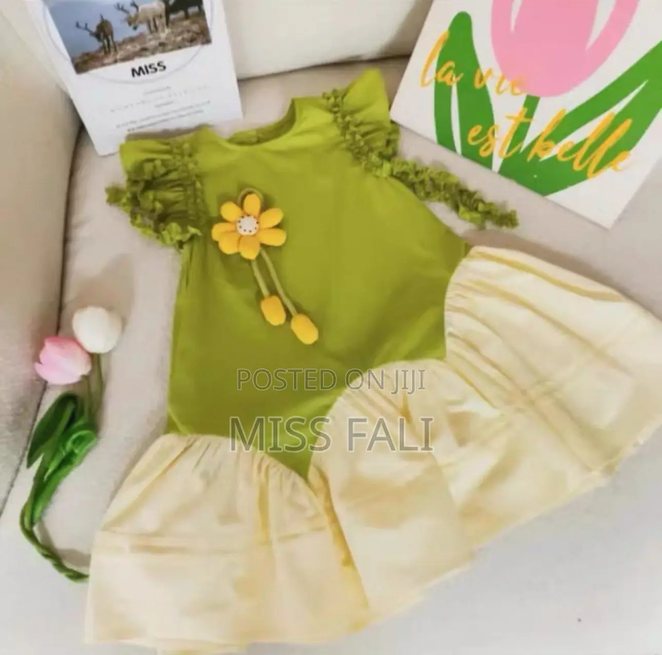 Amazing Green and Yellow Dress for Girl. 9-10y
