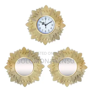 Quality Gold-Toned Plastic Tied Ribbons Wall Mirror With Clock Set.