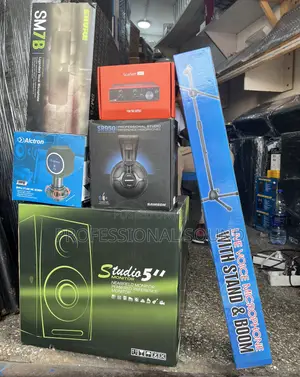Studio Microphone, Audio Interface, Headphones, and a Studio Monitor.