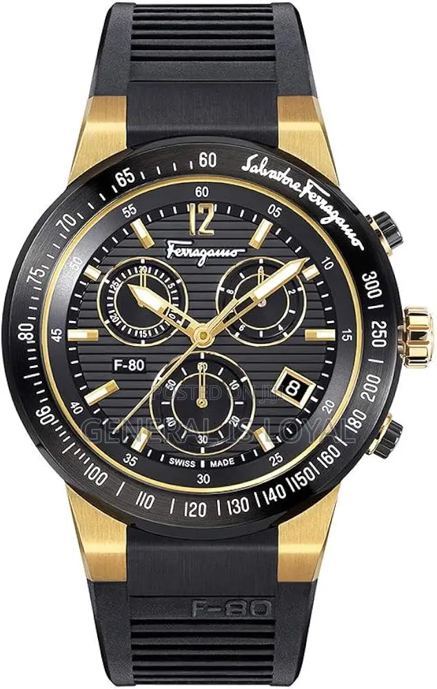 Salvatore Ferragamo F-80 Chrono Watch  Black Rubber Strap  Gold Tone