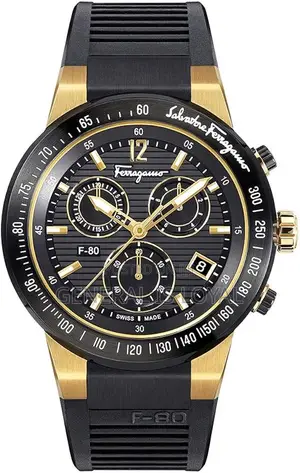 Salvatore Ferragamo F-80 Chrono Watch  Black Rubber Strap  Gold Tone