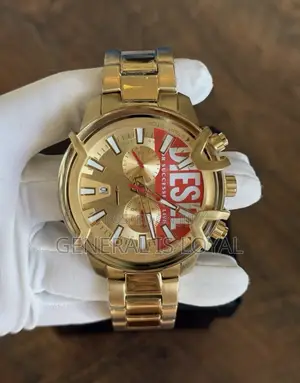 Diesel Griffed Mens Chronograph Watch, Gold Red Logo Dial, Stainless