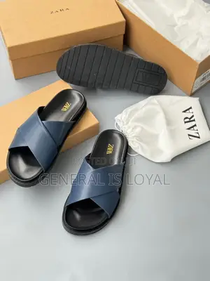 Zara Flat Criss-cross Leather Slider Sandals In Navy Blue