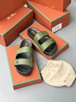 Loro Piana Slides In Green Leather Black Sole Men’S Slippers/Sandals