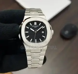Patek Philippe Silver Stainless Steel Nautilus Watch  Black Dial.