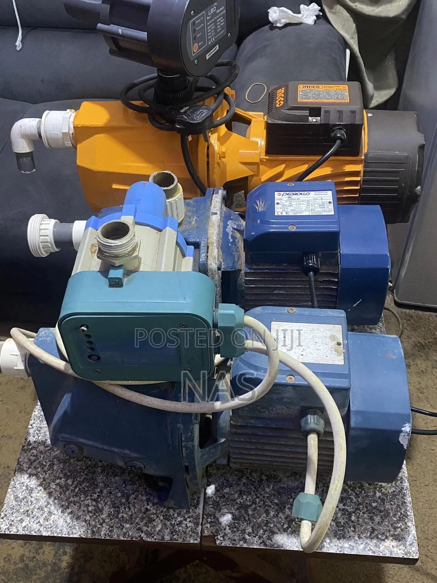 A 2.0 Hp Complete Ingco, and a 1.5 Hp Pedrollo and a 1.0 Hp Pedrollo