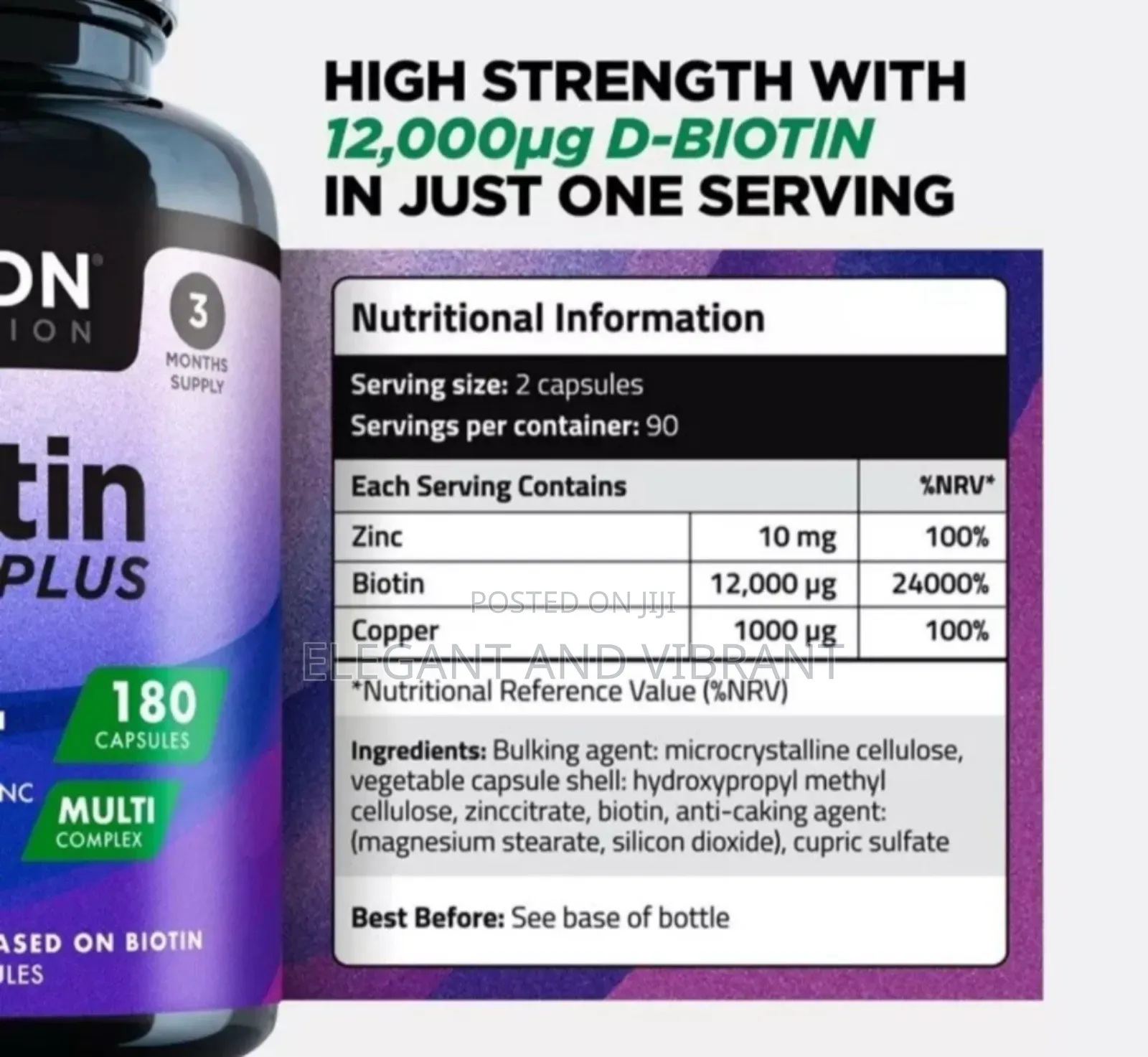 Biotin 12,000 180 Caps.Max Strength. Healthy Hair, Skin Nail Growth