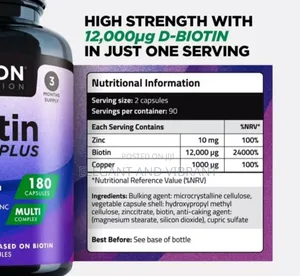 Biotin 12,000 180 Caps.Max Strength. Healthy Hair, Skin Nail Growth