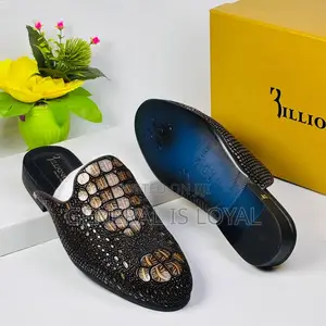 Billionaire Men's Leather Half Shoes Black And Gold Crocs Skin Pattern