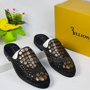Billionaire Men's Leather Half Shoes Black And Gold Crocs Skin Pattern