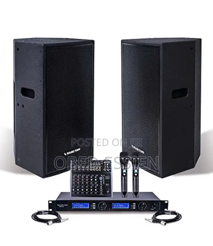 A Pair of JBL Speakers With Amp and Microphone