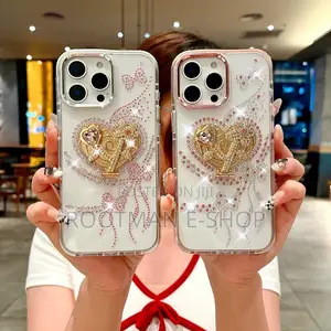 Sparkling Heart Pattern, Diamond Stone Case for iPhone 14 - 16 Pro Max