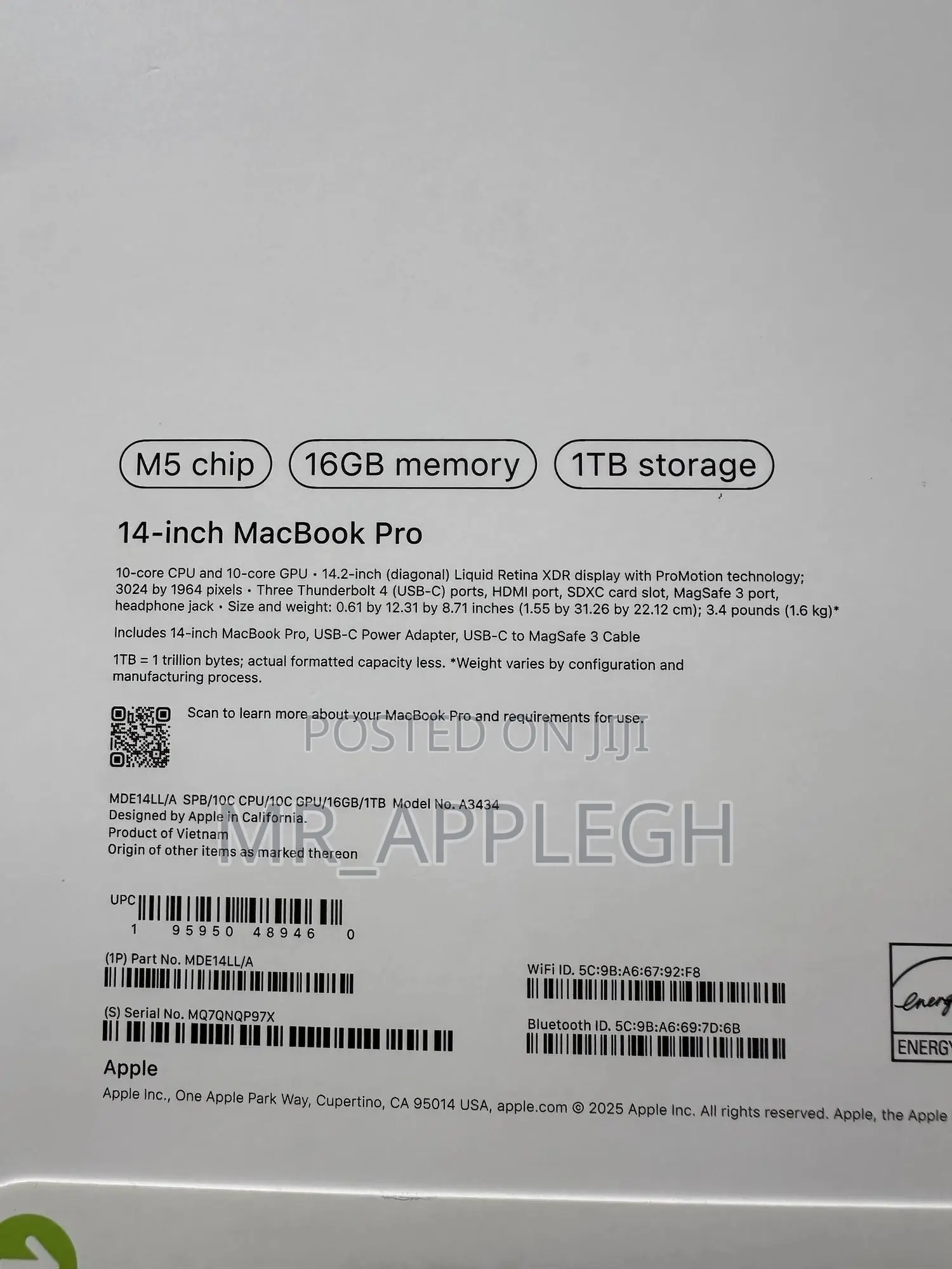 New Laptop Apple MacBook Pro 2025 M5 16GB Apple M5 SSD 1T