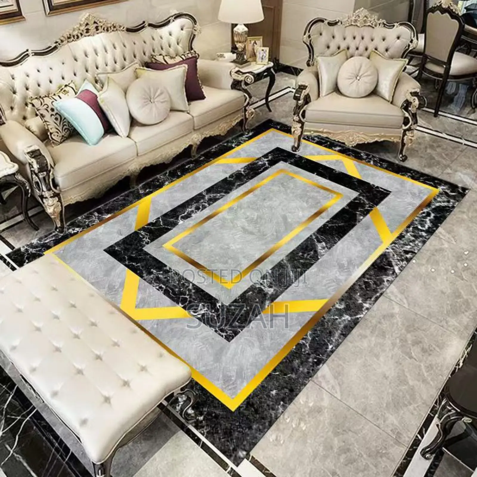 Two Black Rectangular Designs Rug