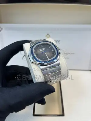 Patek Philippe Nautilus Silver Watch In Platinum Blue Sapphire