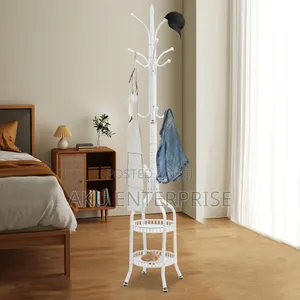 Coat Hanger Stand With Double Layer Basket Freestanding Hat Hall Tree
