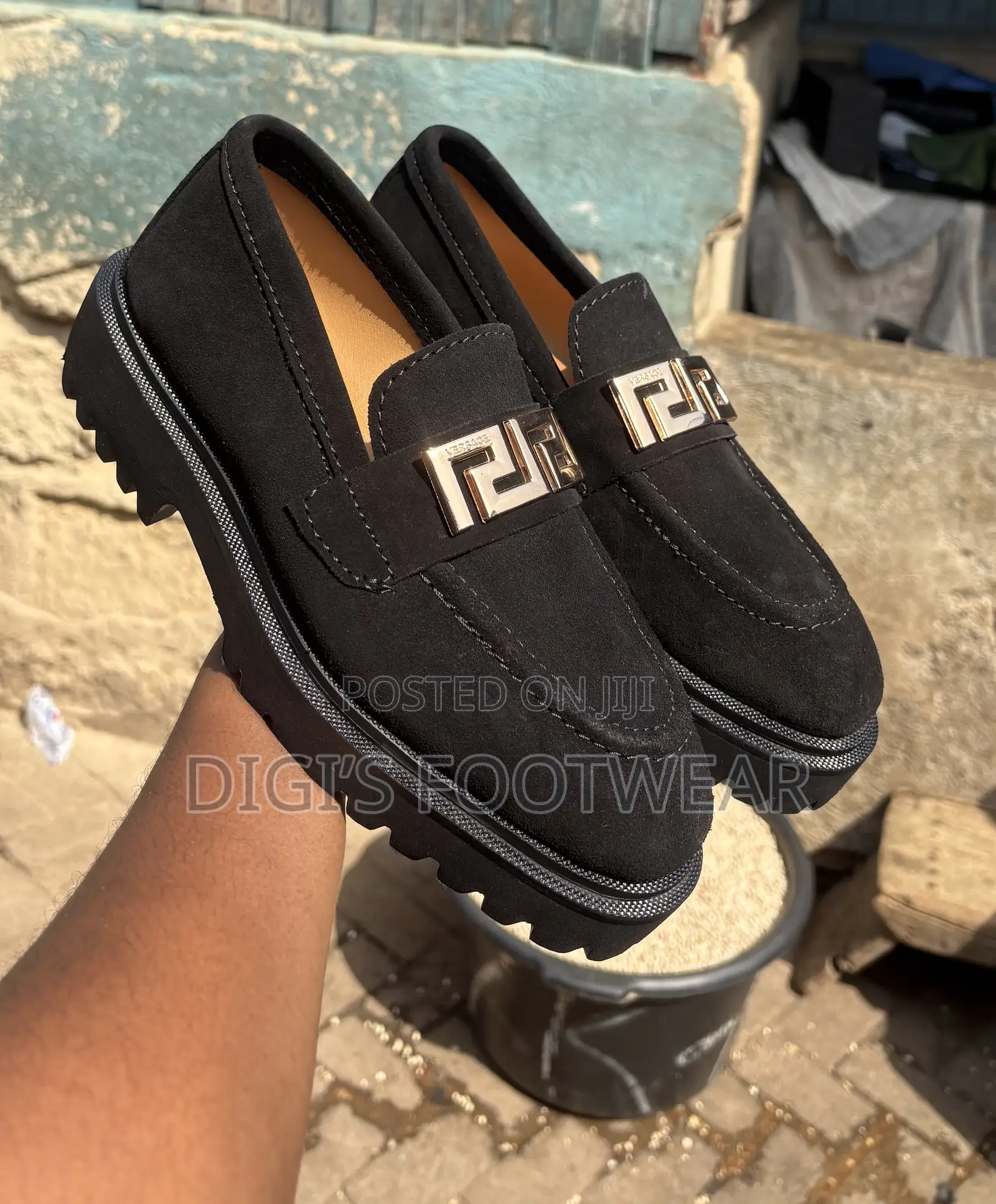 Black Heavy Suede Shoe With Versace Crown