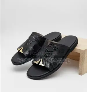 Black Hermes Croc Leather Slippers