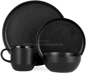 Barbary Oak Luna 16 Piece Dinnerware Set, Stoneware, Matte Black