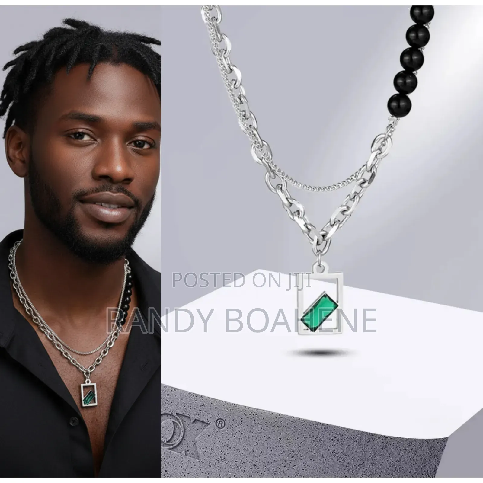 Men Pure Stainless Steel Green Cubic Stone Pendant Necklace