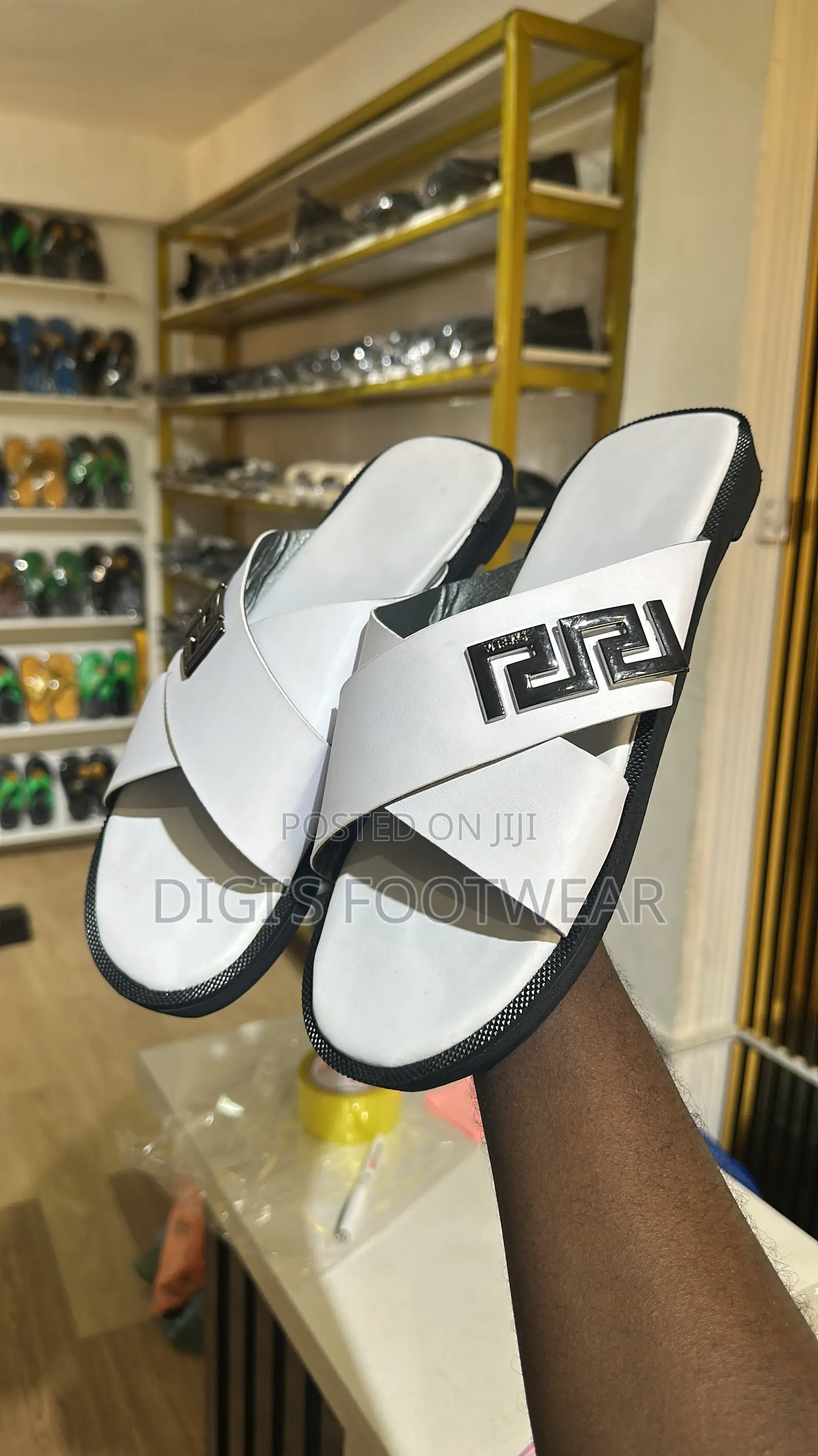 White Leather Crossed Slippers With Versace Ensemble Crown