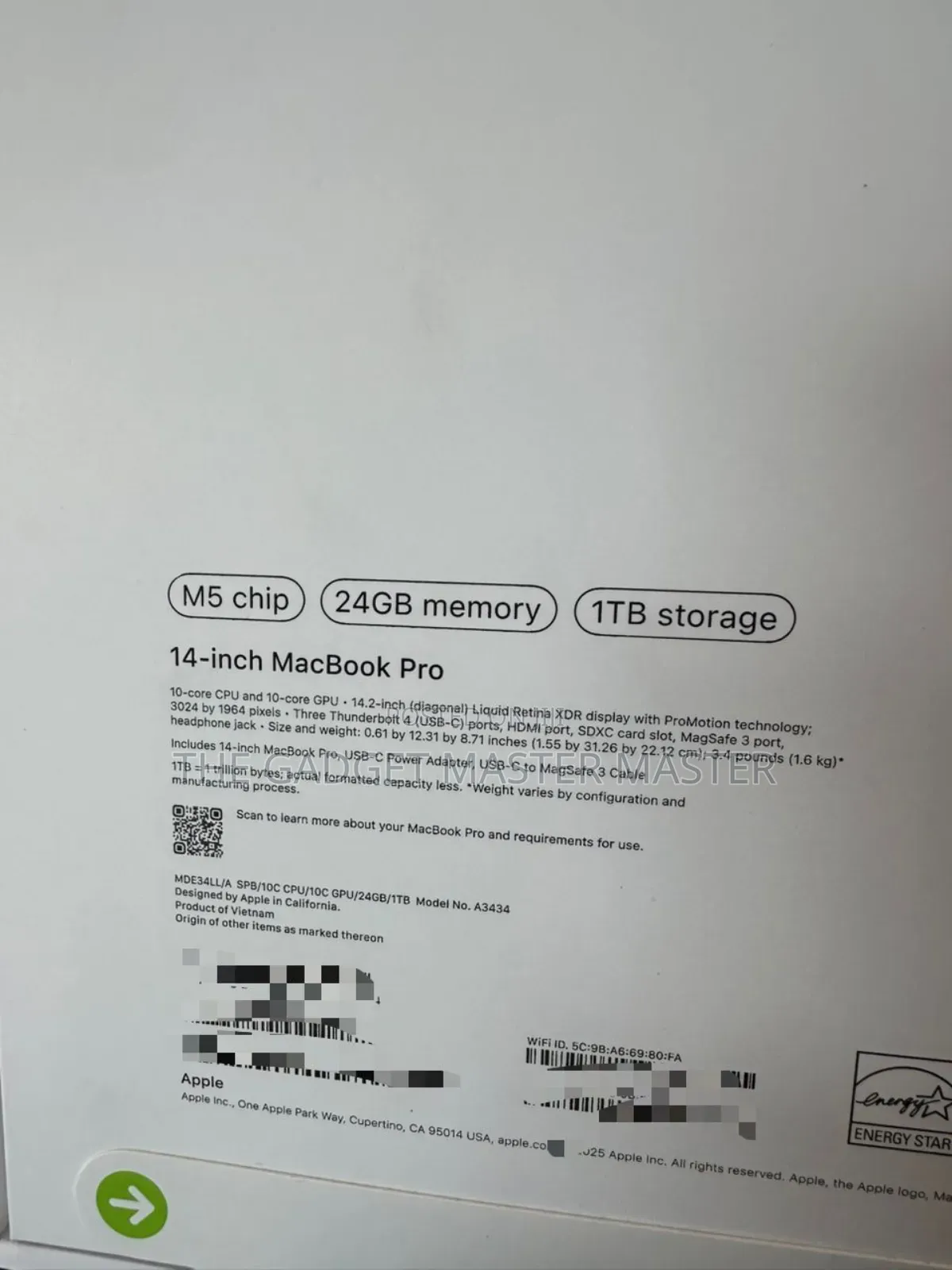 New Laptop Apple MacBook Pro 2025 M5 24GB Apple M5 SSD 1T