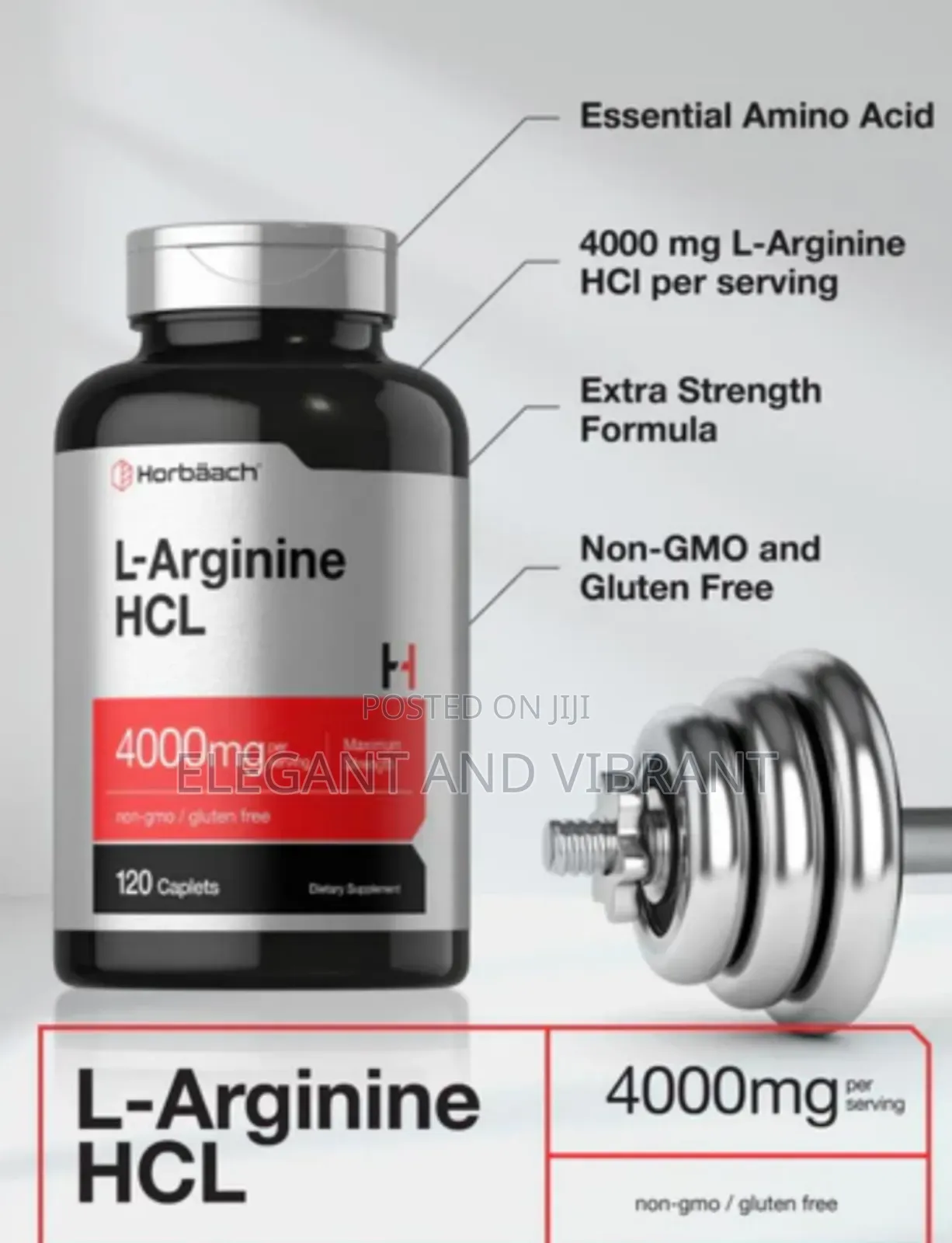 L-Arginne HCL ,4000mg Per Serving, 120 Capsules.
