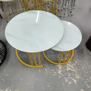 Round Nesting Coffee Tables With White Glass Top and Gold Metal Frame
