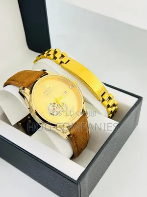 Brown Leather Gold Toned Luxury Men's Rolex Watch and Bracelet