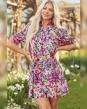 Mini Dress Floral Pink Puff Sleeve Rose