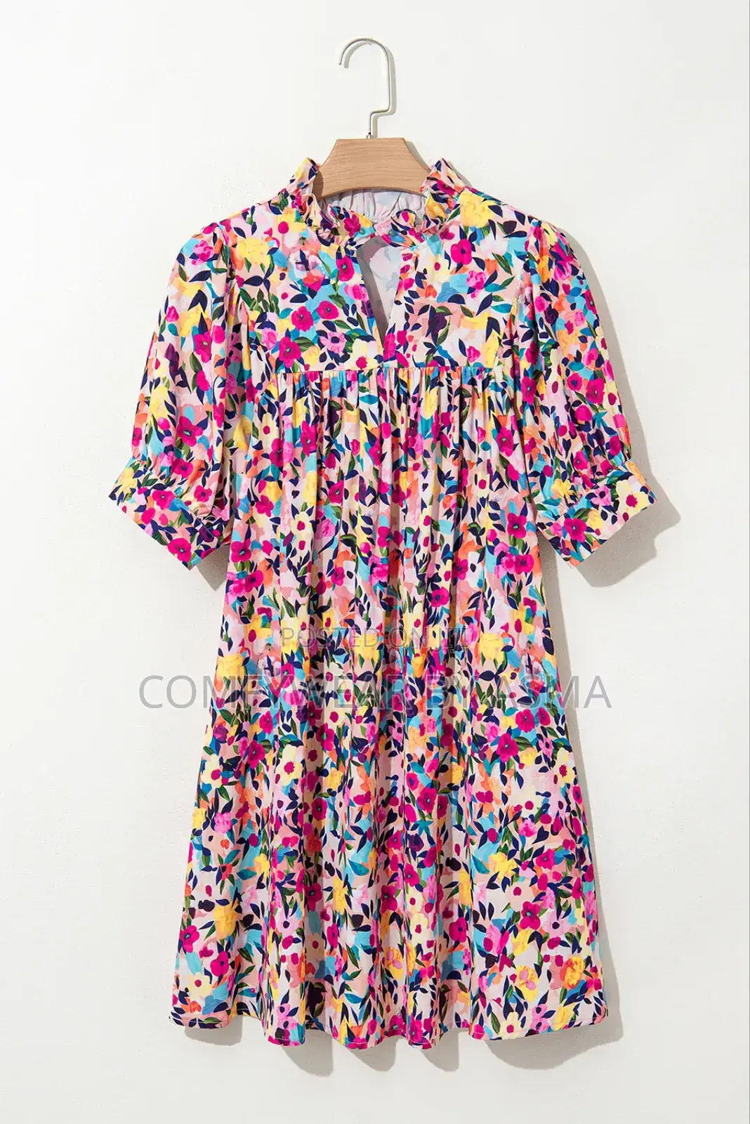 Mini Dress Floral Pink Puff Sleeve Rose