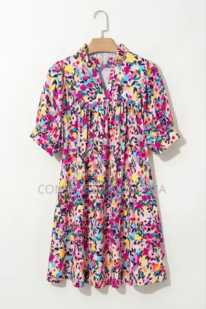 Mini Dress Floral Pink Puff Sleeve Rose