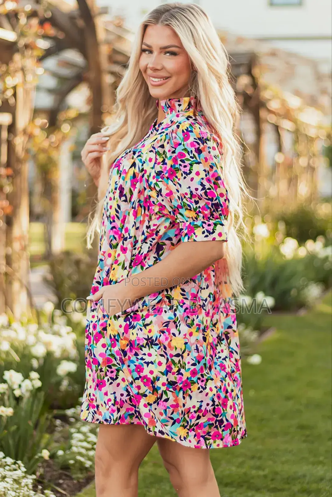 Mini Dress Floral Pink Puff Sleeve Rose