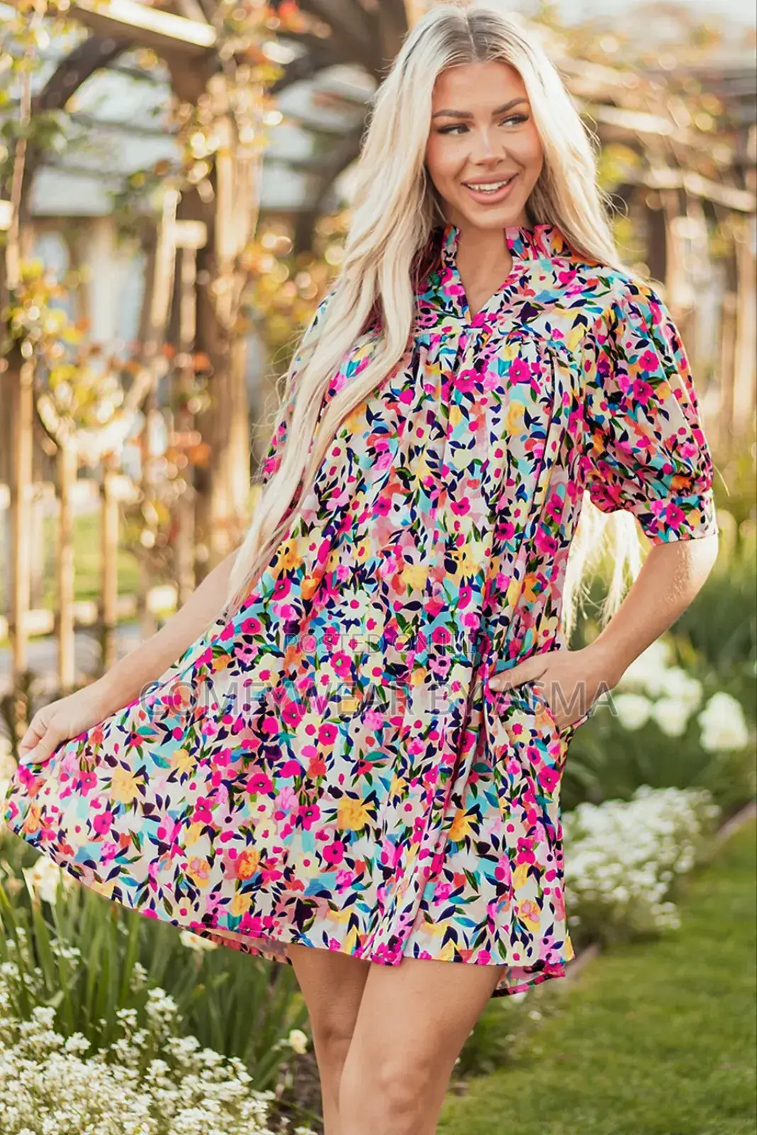 Mini Dress Floral Pink Puff Sleeve Rose