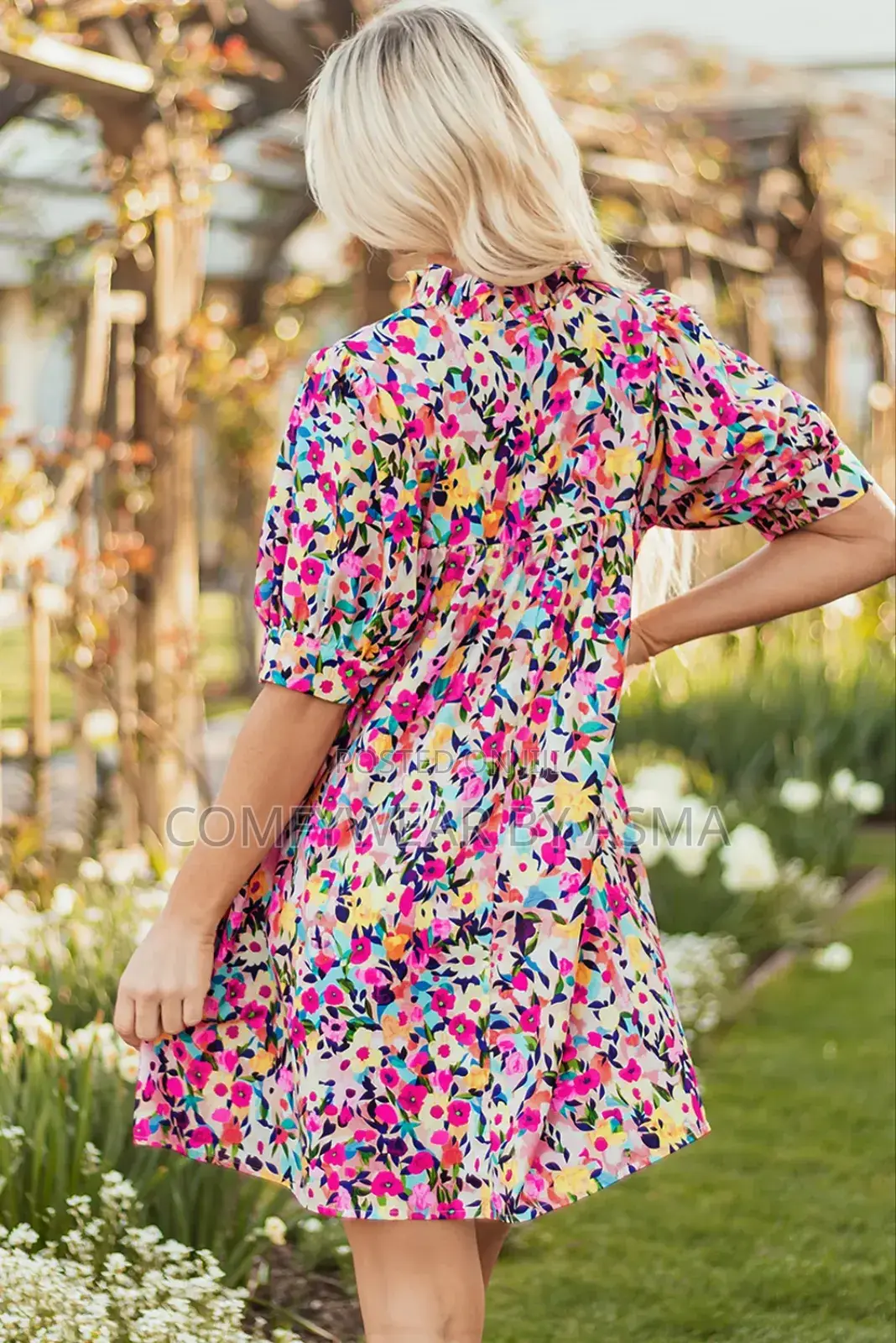 Mini Dress Floral Pink Puff Sleeve Rose