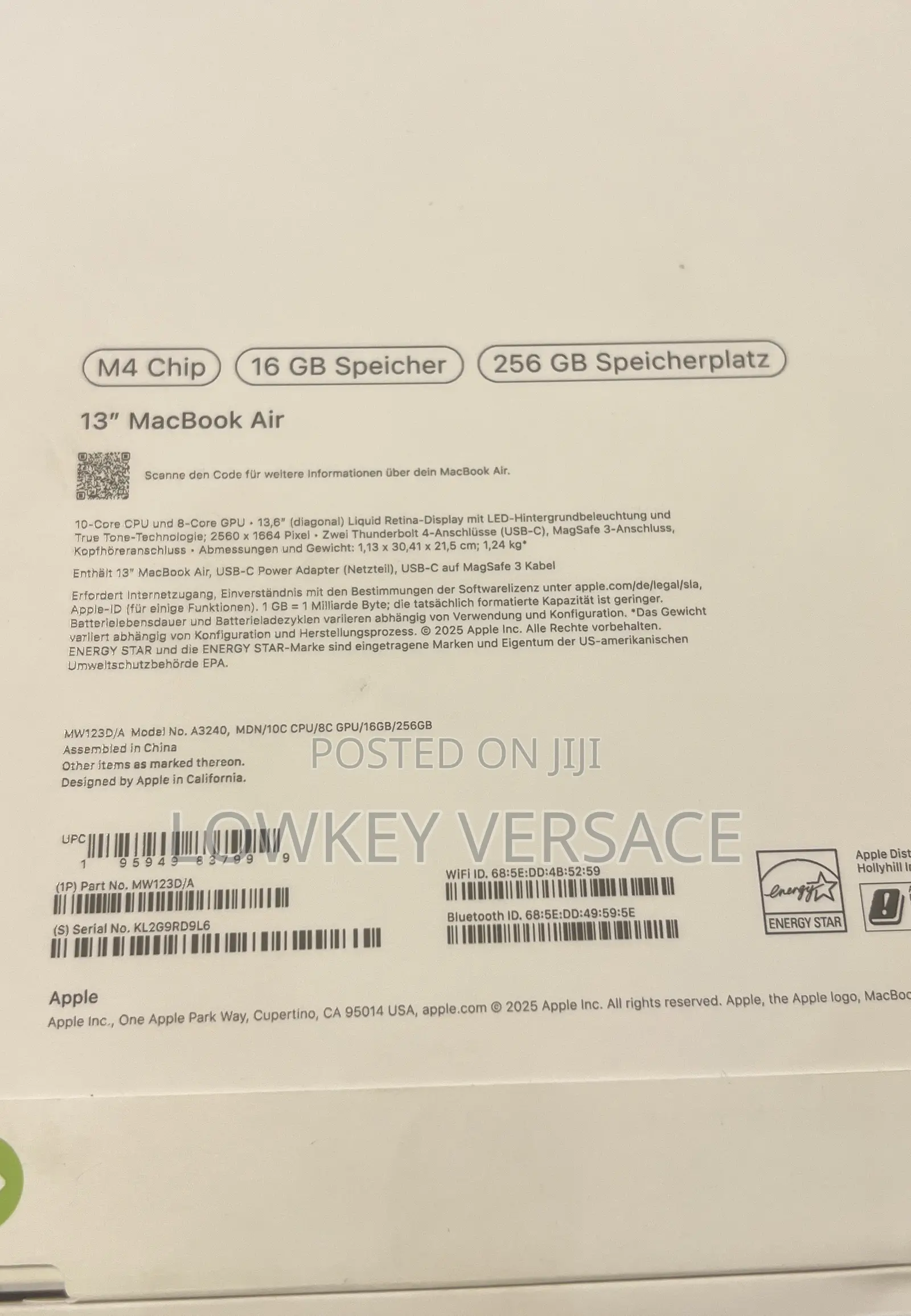 New Laptop Apple MacBook Air 2025 M4 13-Inch 16GB Apple M4 SSD 256GB