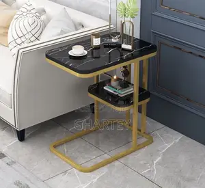 Modern Wooden Marble Effect-Top Side Table With Gold Frame Black